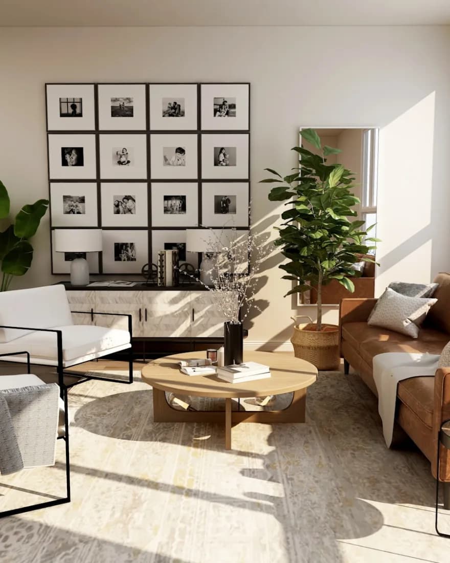 A bright, lived-in living room with morning light through tall windows